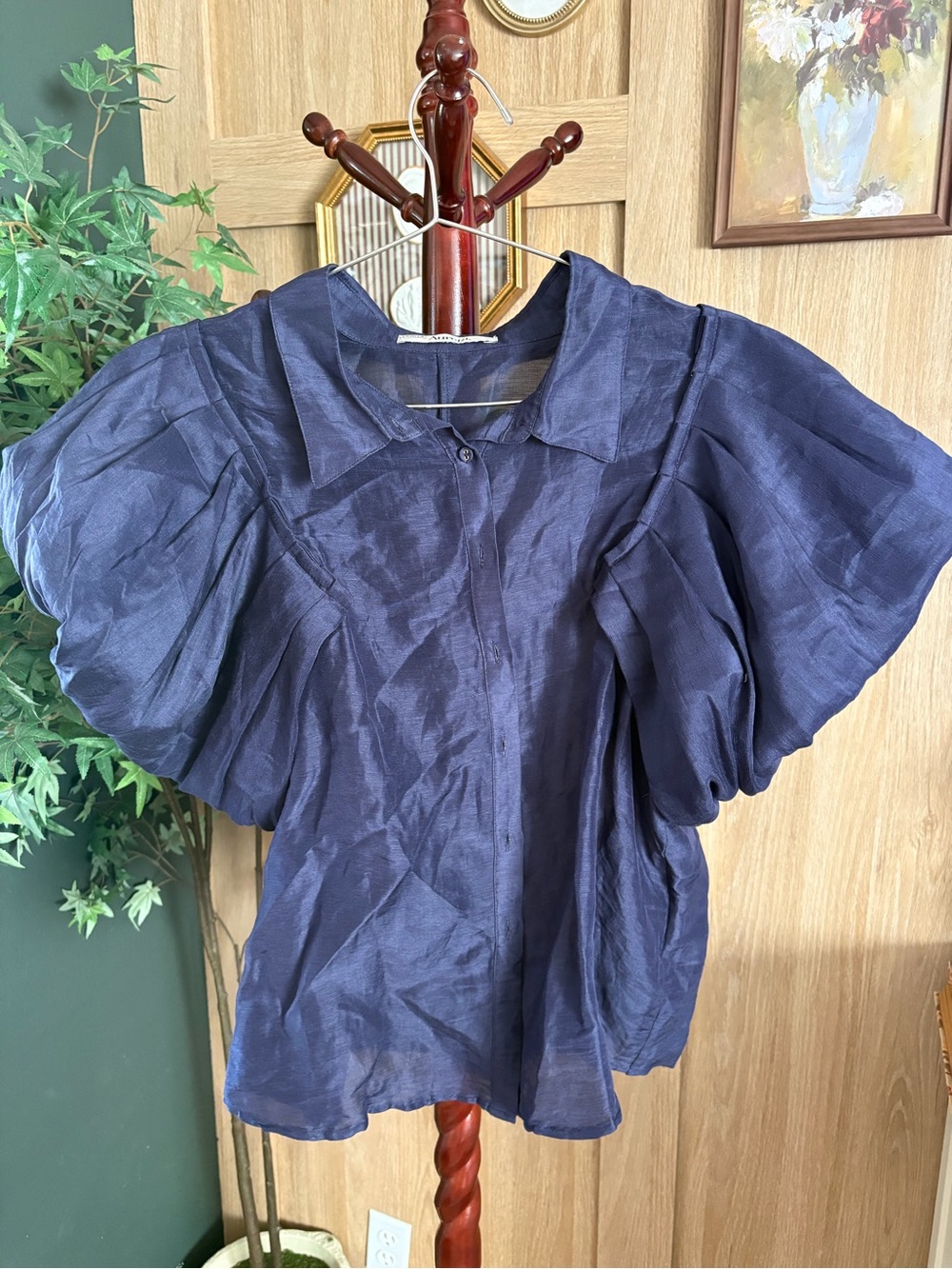 Navy Puff-Sleeve Women's Top
